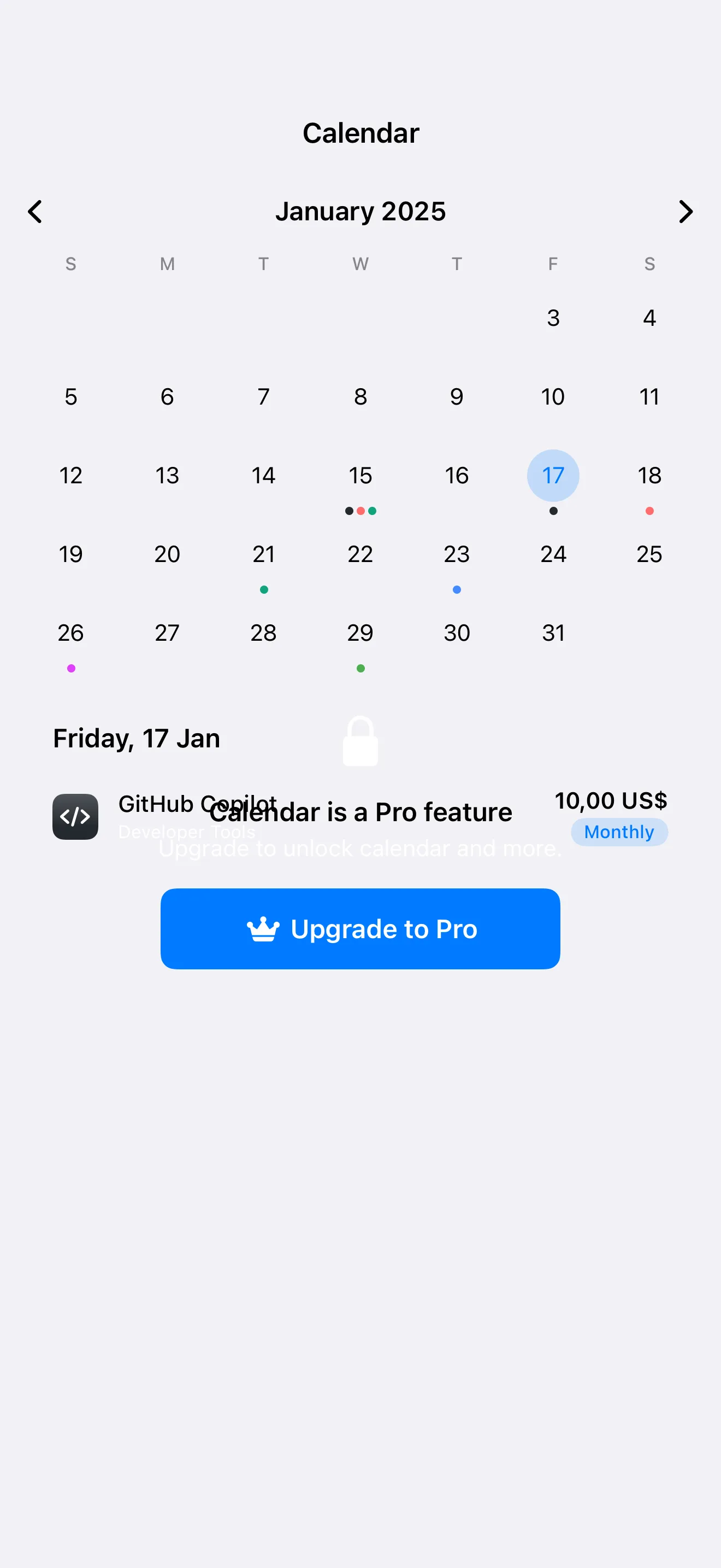 SubTracker Calendar screen