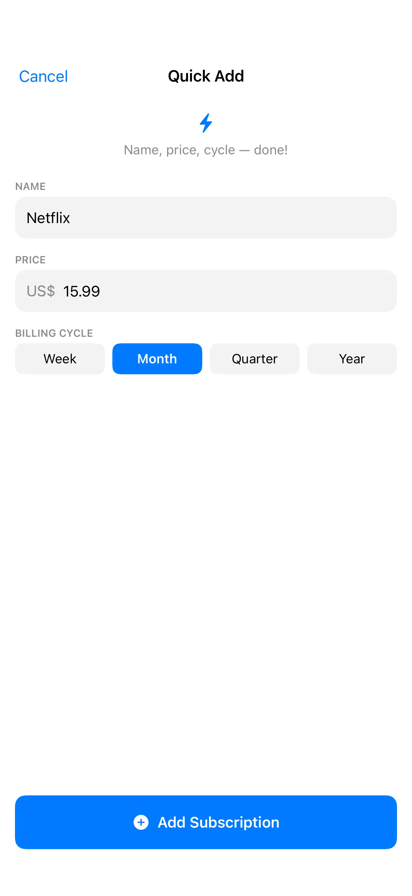 SubTracker Quick Add screen