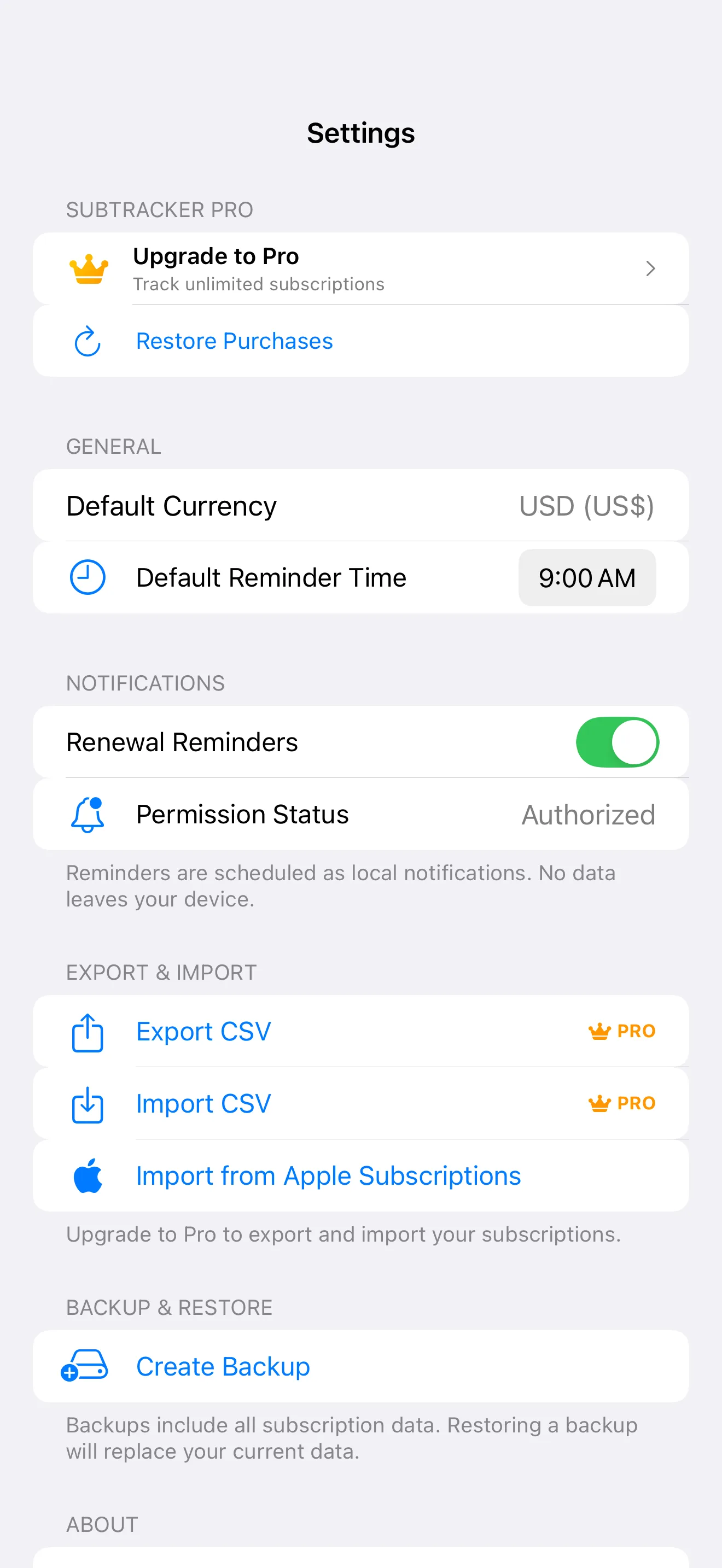 SubTracker Settings screen
