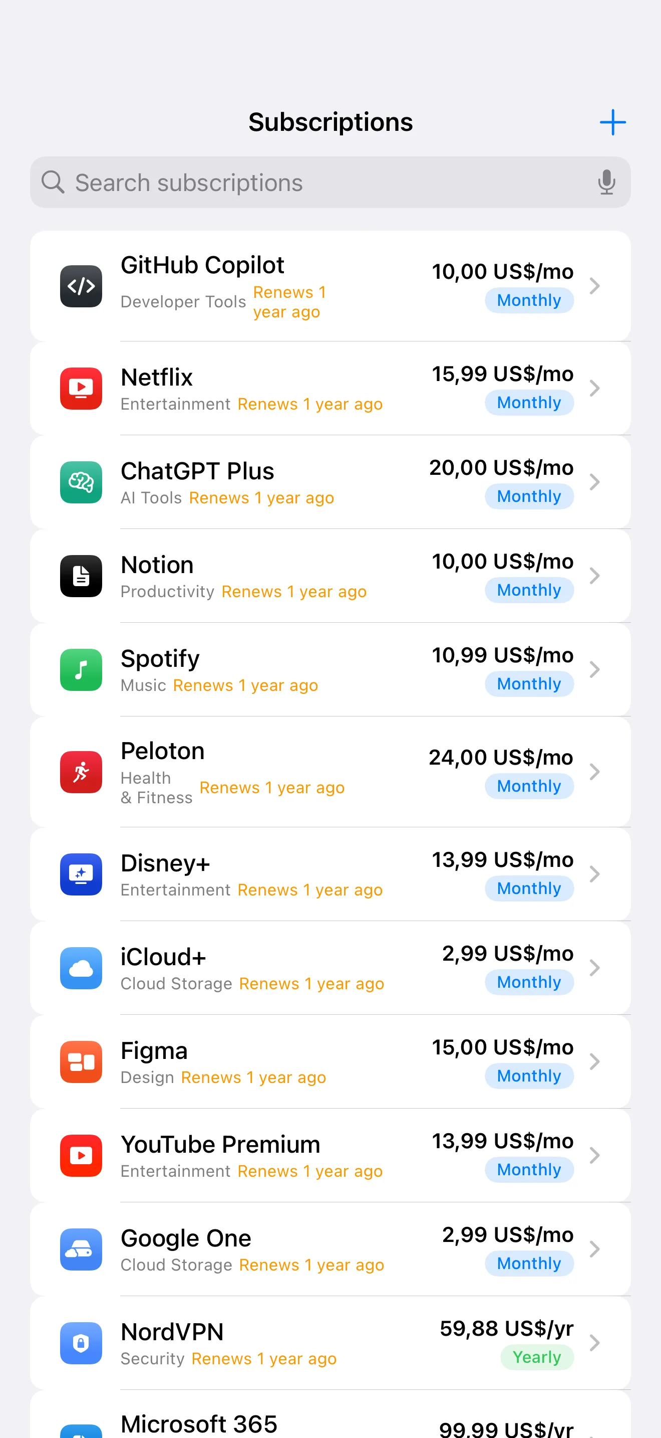 SubTracker Subscriptions screen